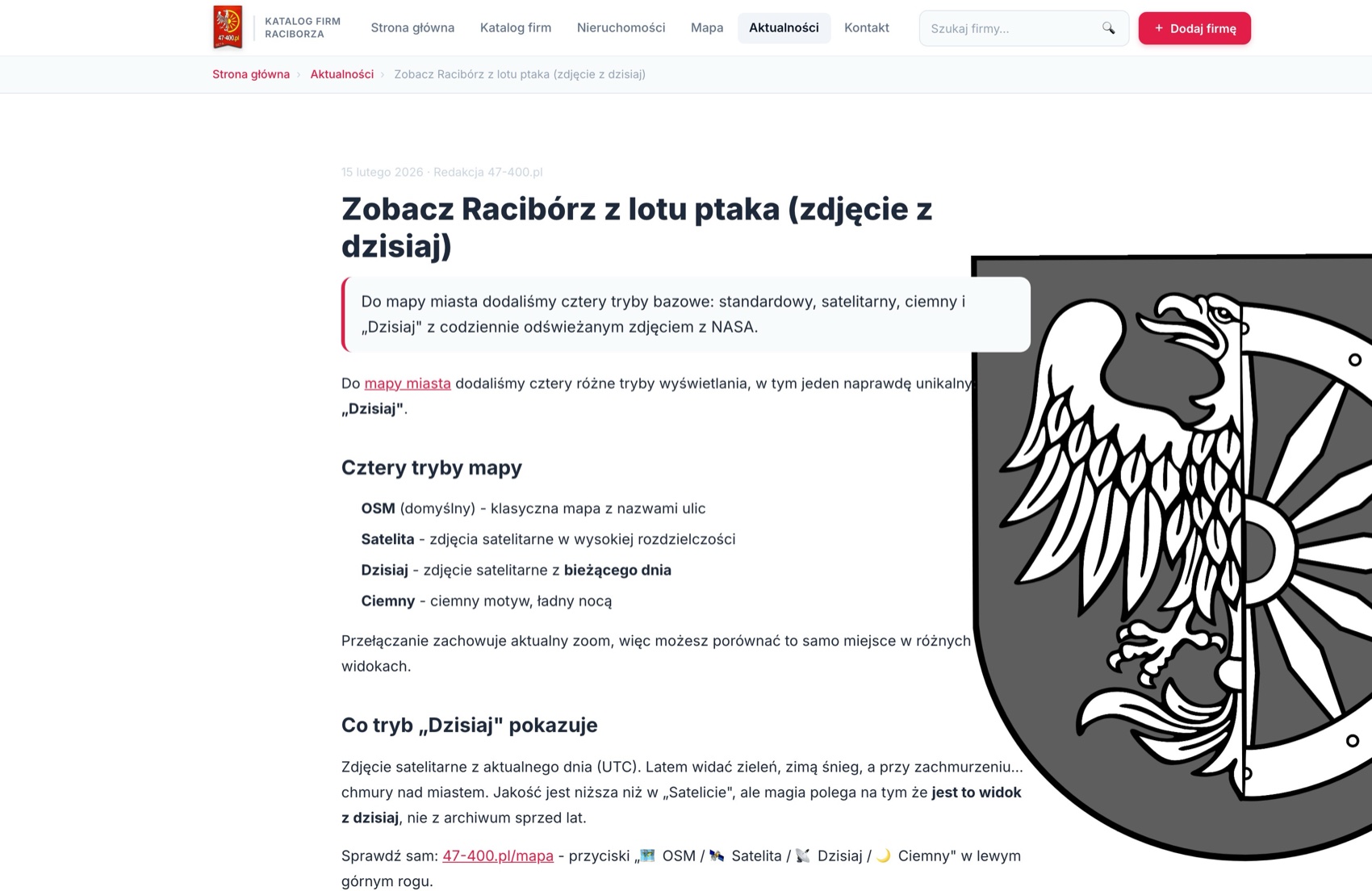 Mapa firm Raciborza i tryby widoku z lotu ptaka na 47-400.pl
