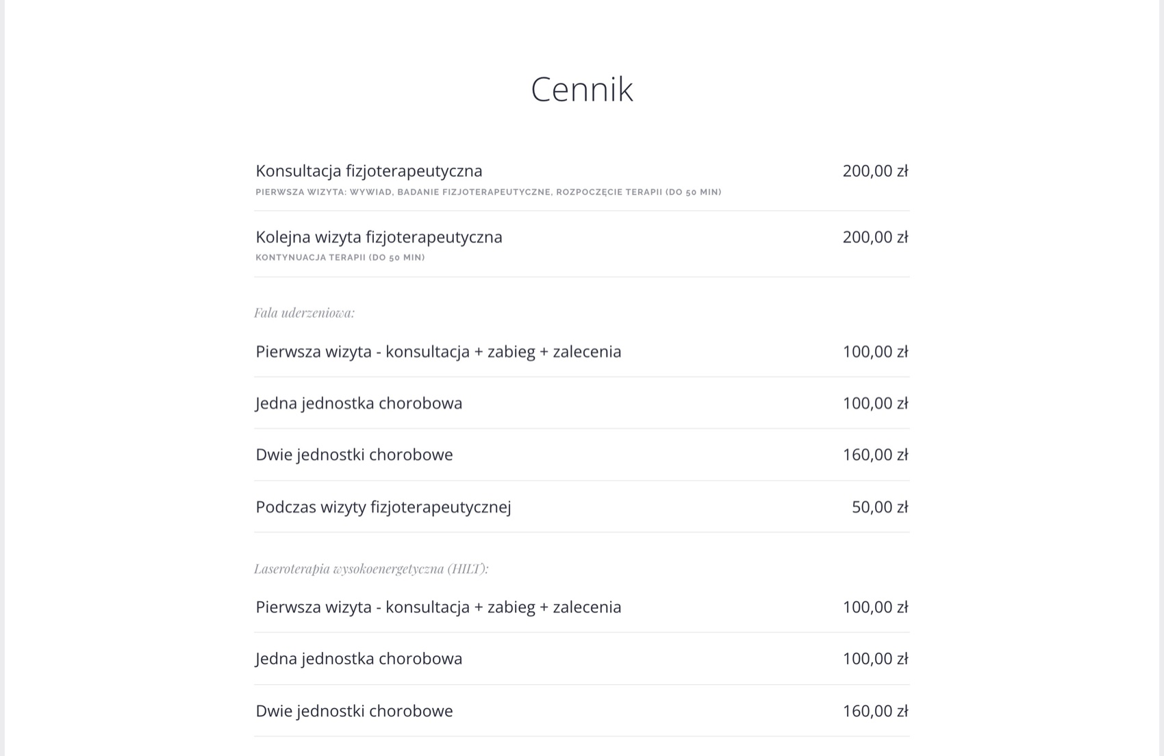 Holistic Rehabilitacja - jawny cennik zabiegów