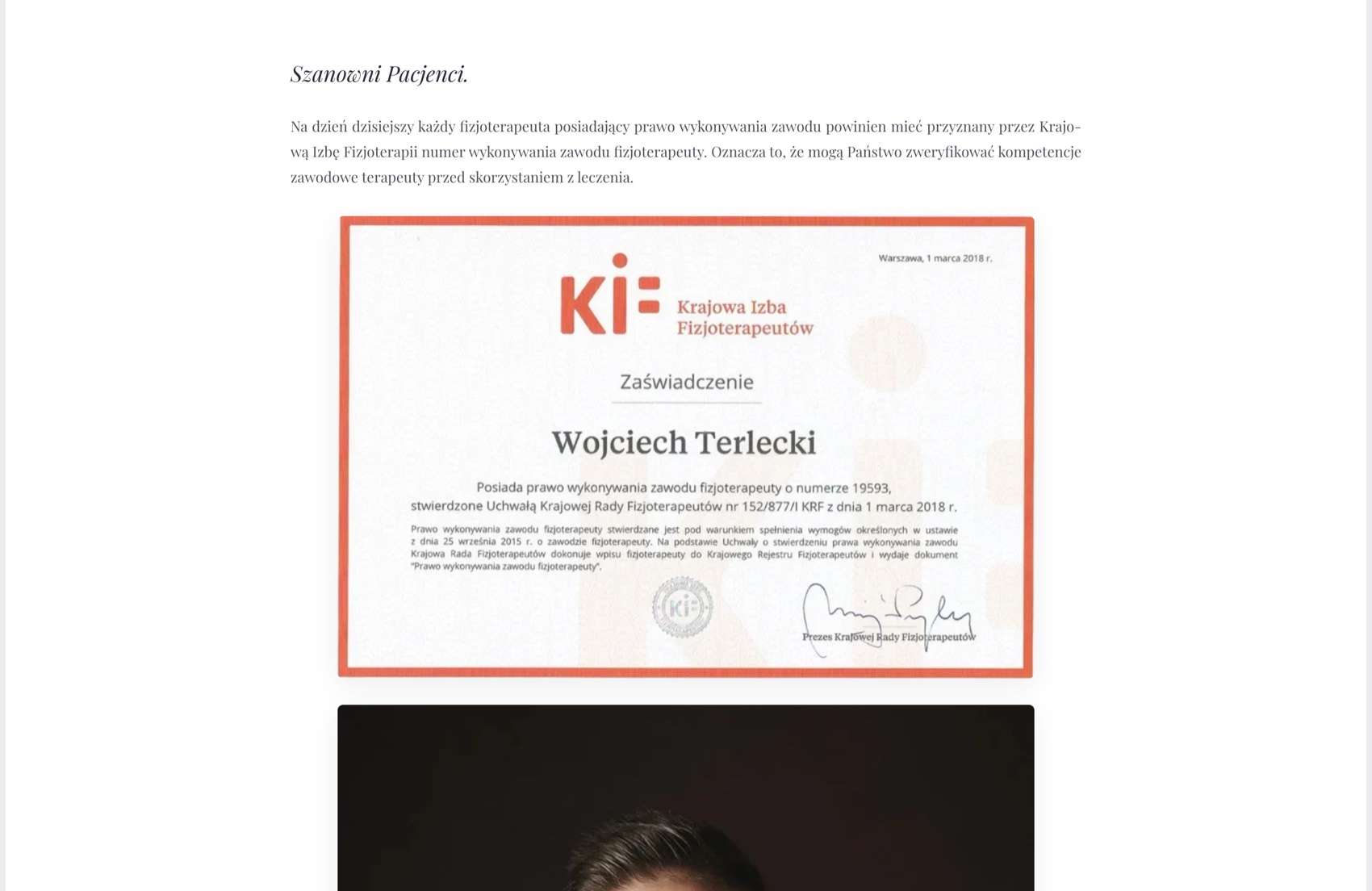 Holistic Rehabilitacja - sylwetka terapeuty i certyfikat KIF