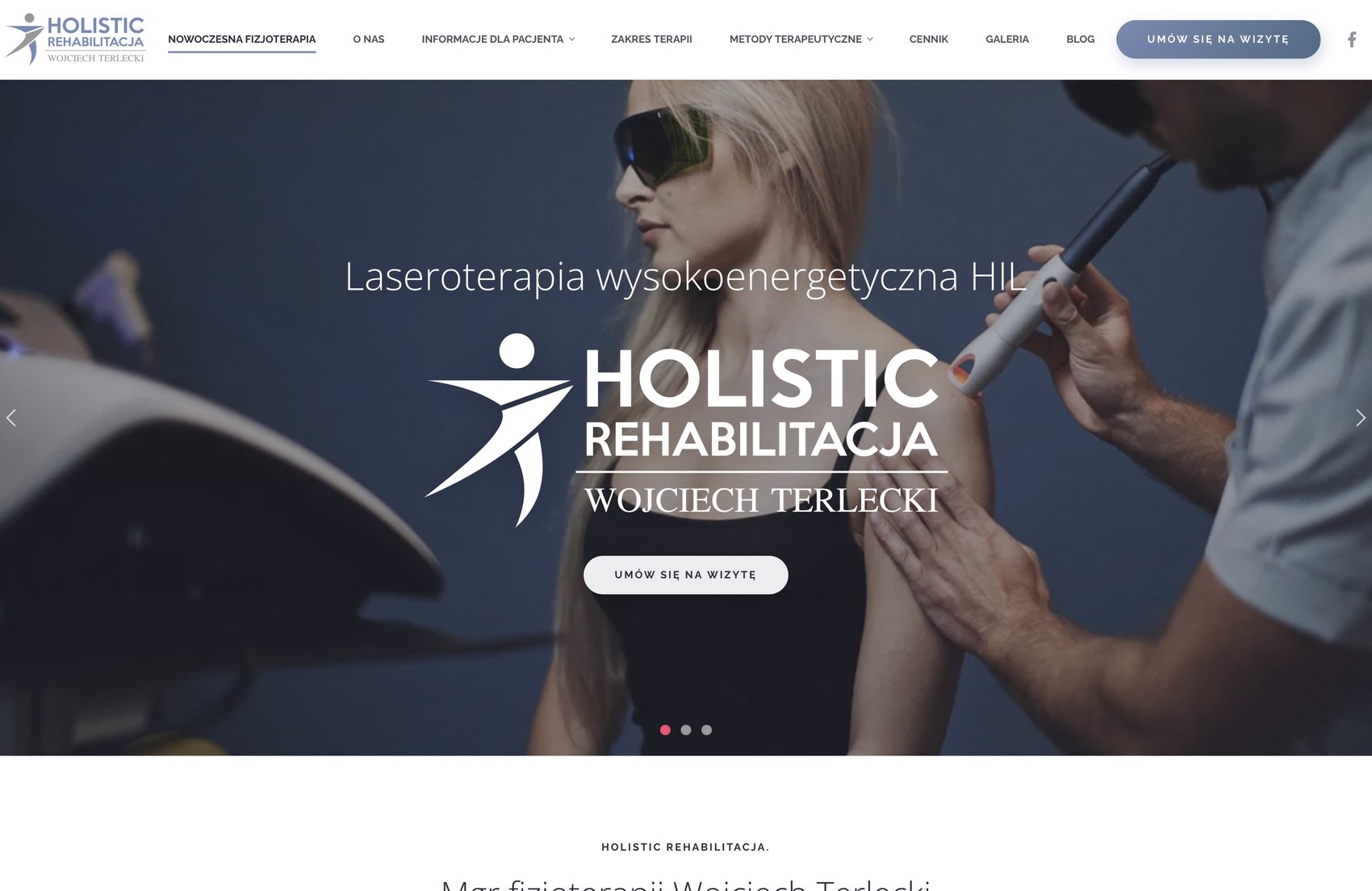 Holistic Rehabilitacja - strona gabinetu fizjoterapii na ekranie MacBooka