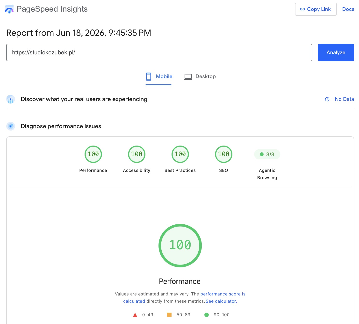 Raport Google PageSpeed Insights dla studiokozubek.pl, mobile: Performance, Accessibility, Best Practices i SEO po 100, Agentic Browsing 3/3